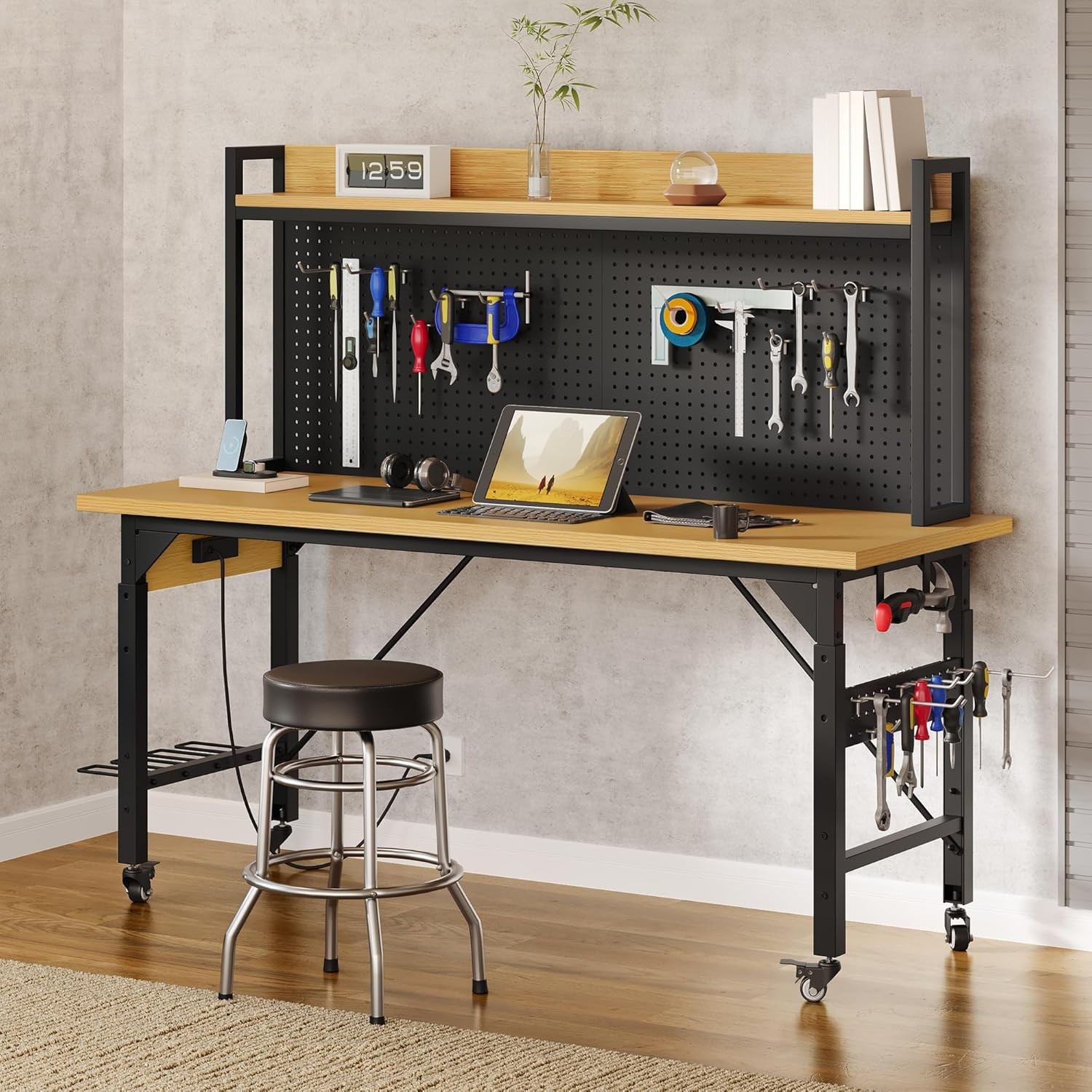 Adjustable Workbench 48in Pegboard 1600lb AC USB Outlet