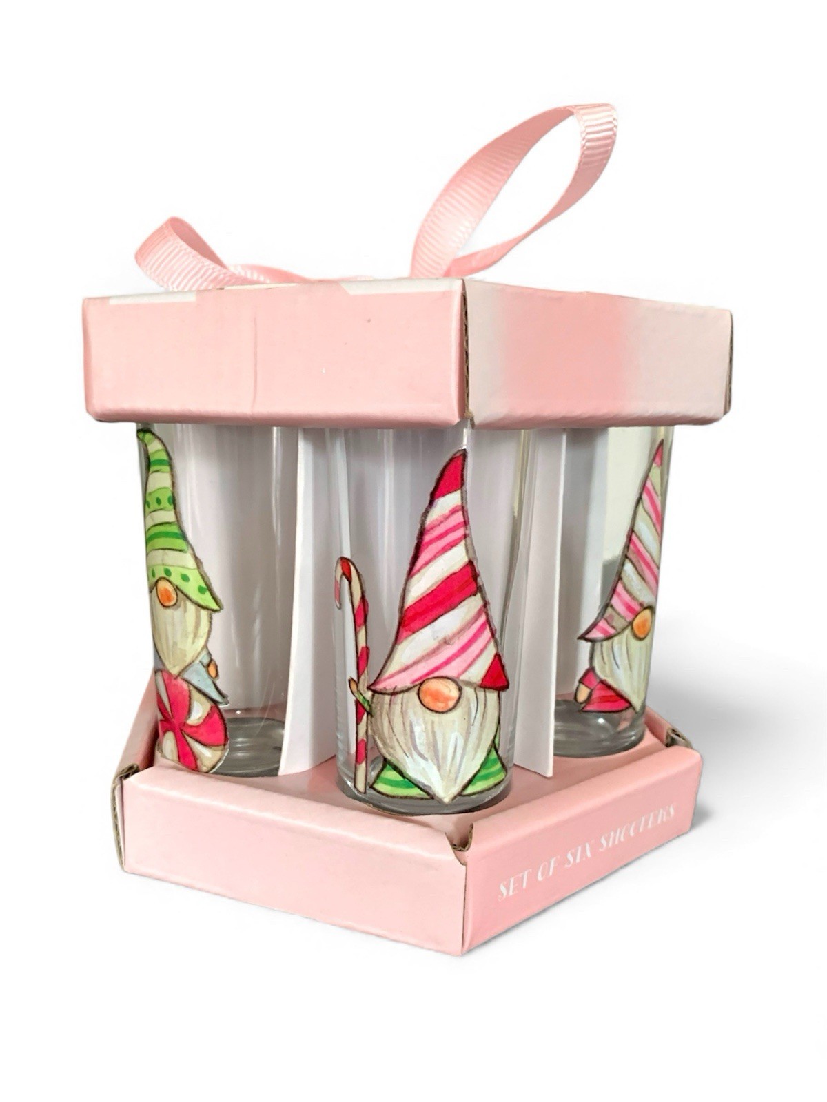 Christmas Pink Green Gnomes Set Of 6 Shot Glasses New