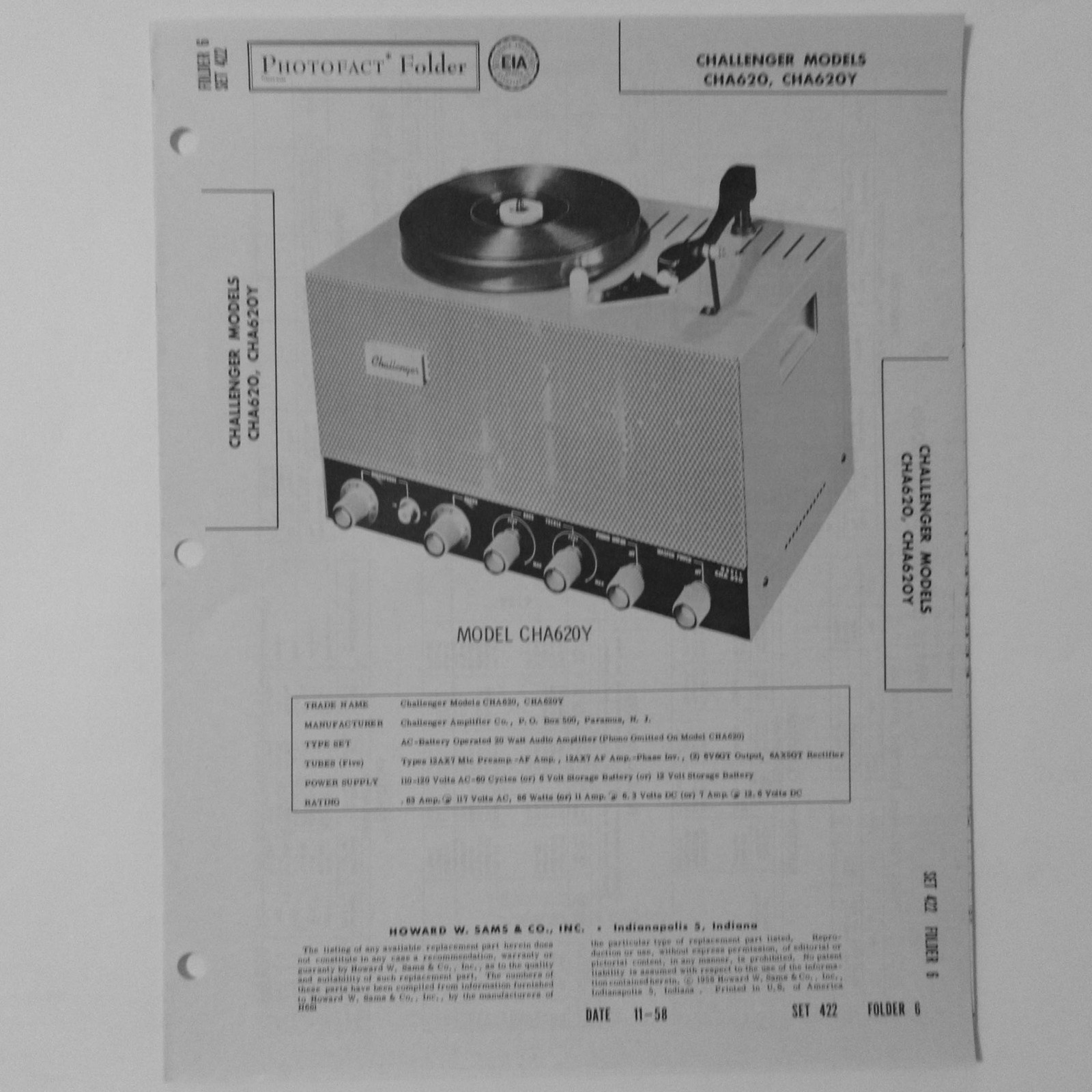Challenger Models CHA620 CHA620Y 12AX7 Phono Audio Amp SAMS Photofact ™ 1958 New
