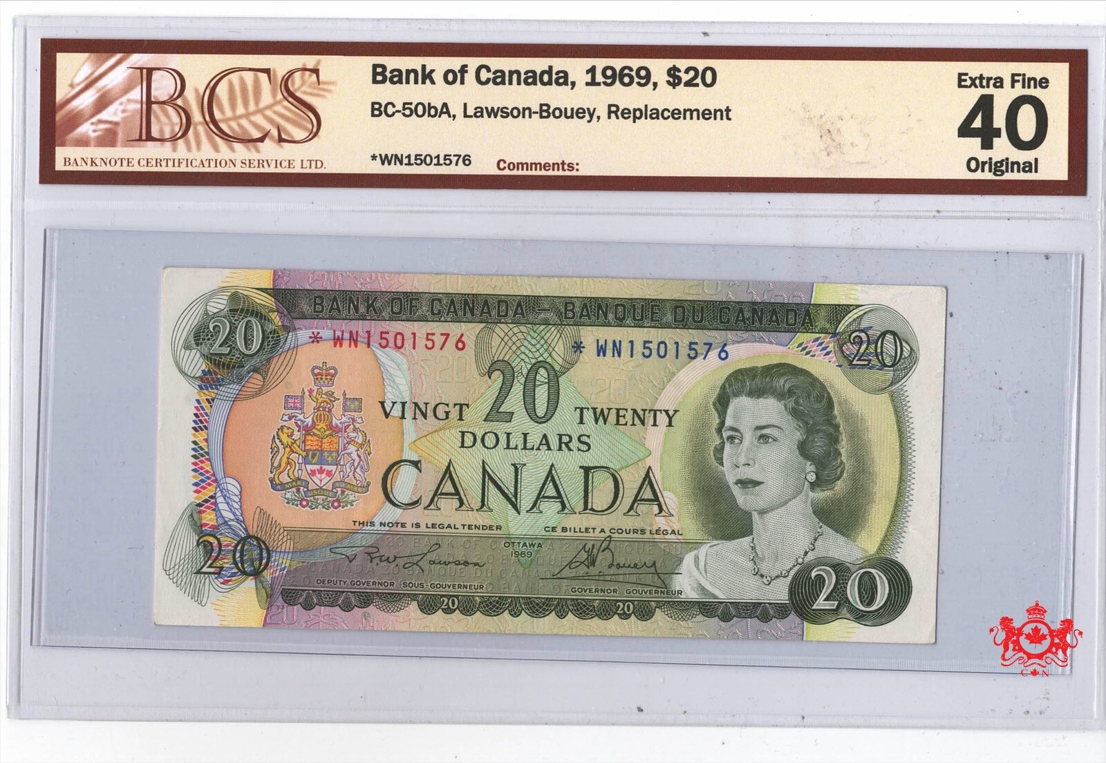 1969 Bank Of Canada 20$ Lawson/Bouey Replacement *WN1501576 - BCS EF40 -
