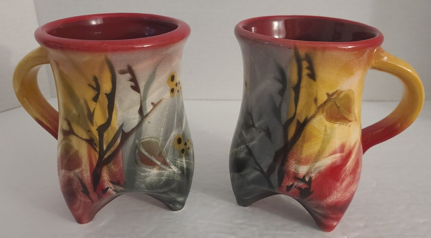 Set of Two - Custom 3 Footed Tall Ceramic Coffee Mugs, Nature Forestry Design