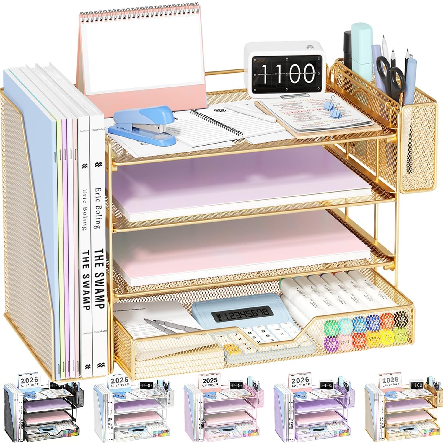 4-Tier Desktop File Organizer with Drawer & Pen Holders - Office Desk Accessorie