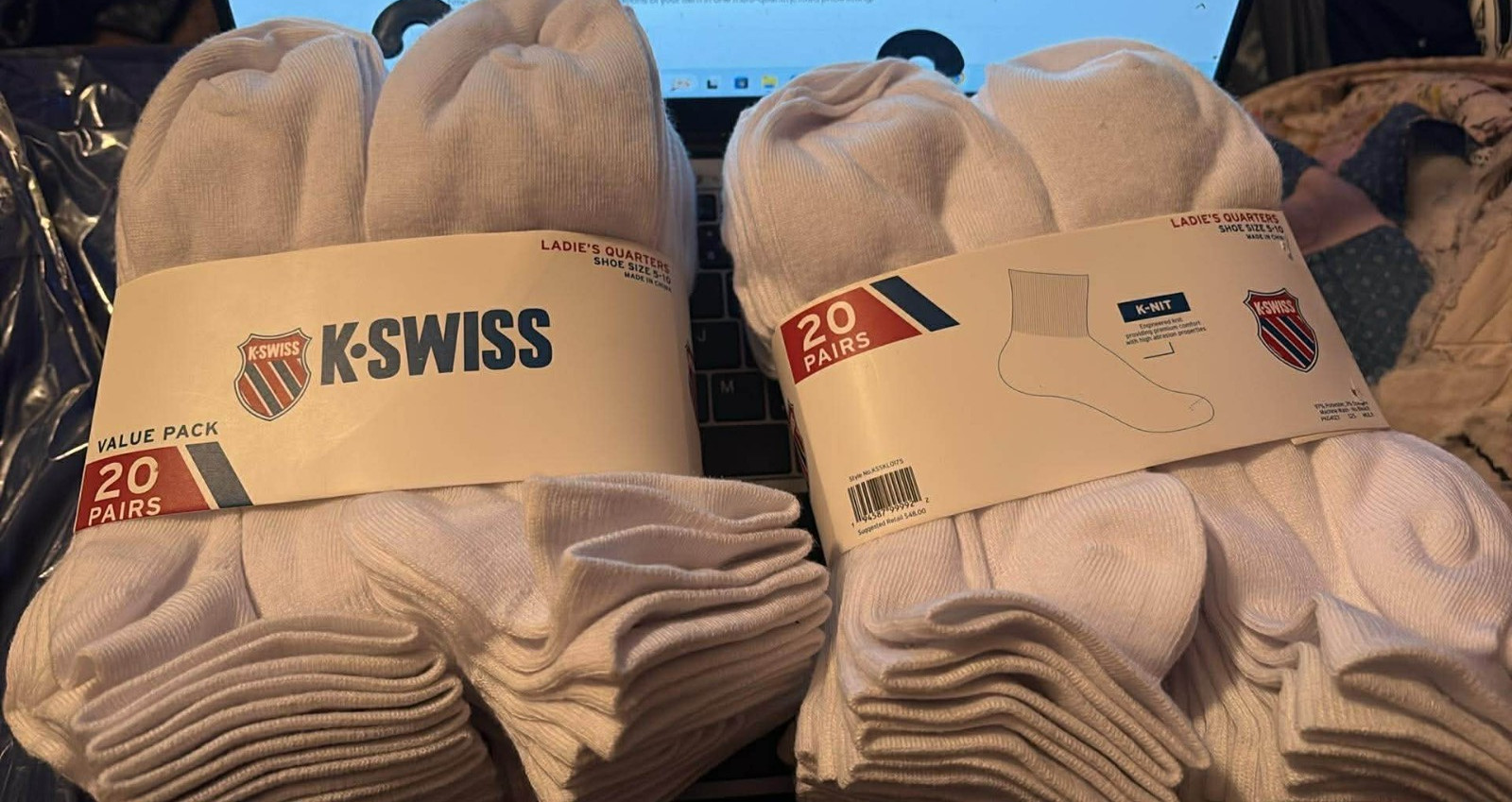 2 NEW 20 PAIRS OF K-SWISS WOMENS WHITE QUARTER SOCKS SHOE SIZE 5-10