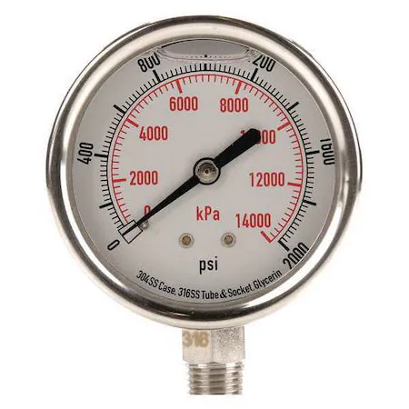 Commercial Pressure Gauge,  0 To 2, 000 Psi,  2 1/2 In Dial,  1/4 In Npt,