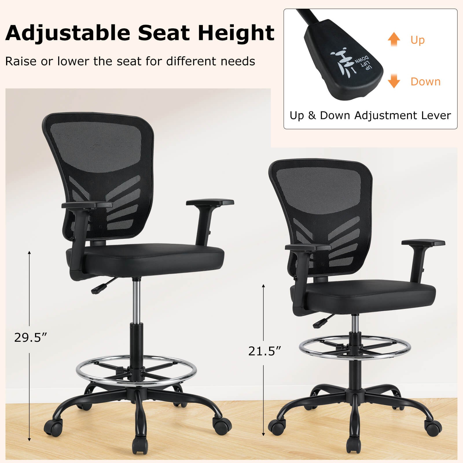 Costway Mesh Chair Office Chair Mid-Back Tall Drafting Chair w/ Armrests Black