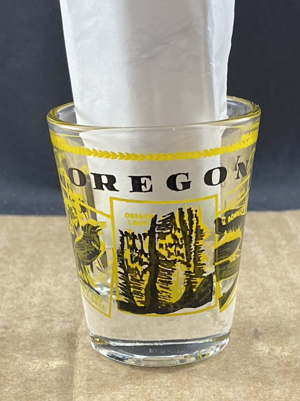 Oregon Postcard Tourist Attractions Shot Glass, COMB SHIP $1