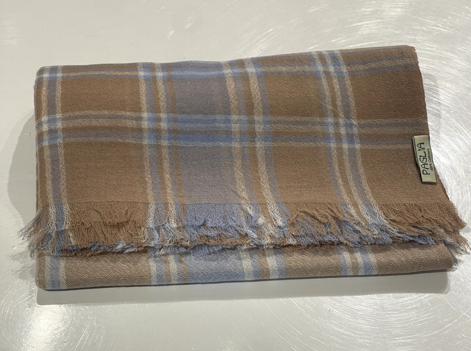mens cashmere scarf italy, 75x28, woven on both sides, light brown pattern