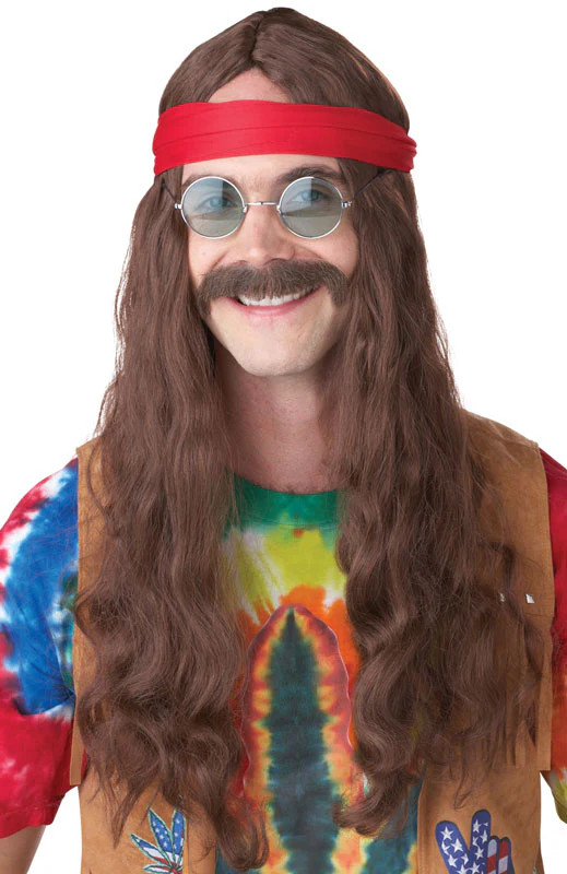 Hippie Man Halloween Costume Wig & Moustache (Brown)