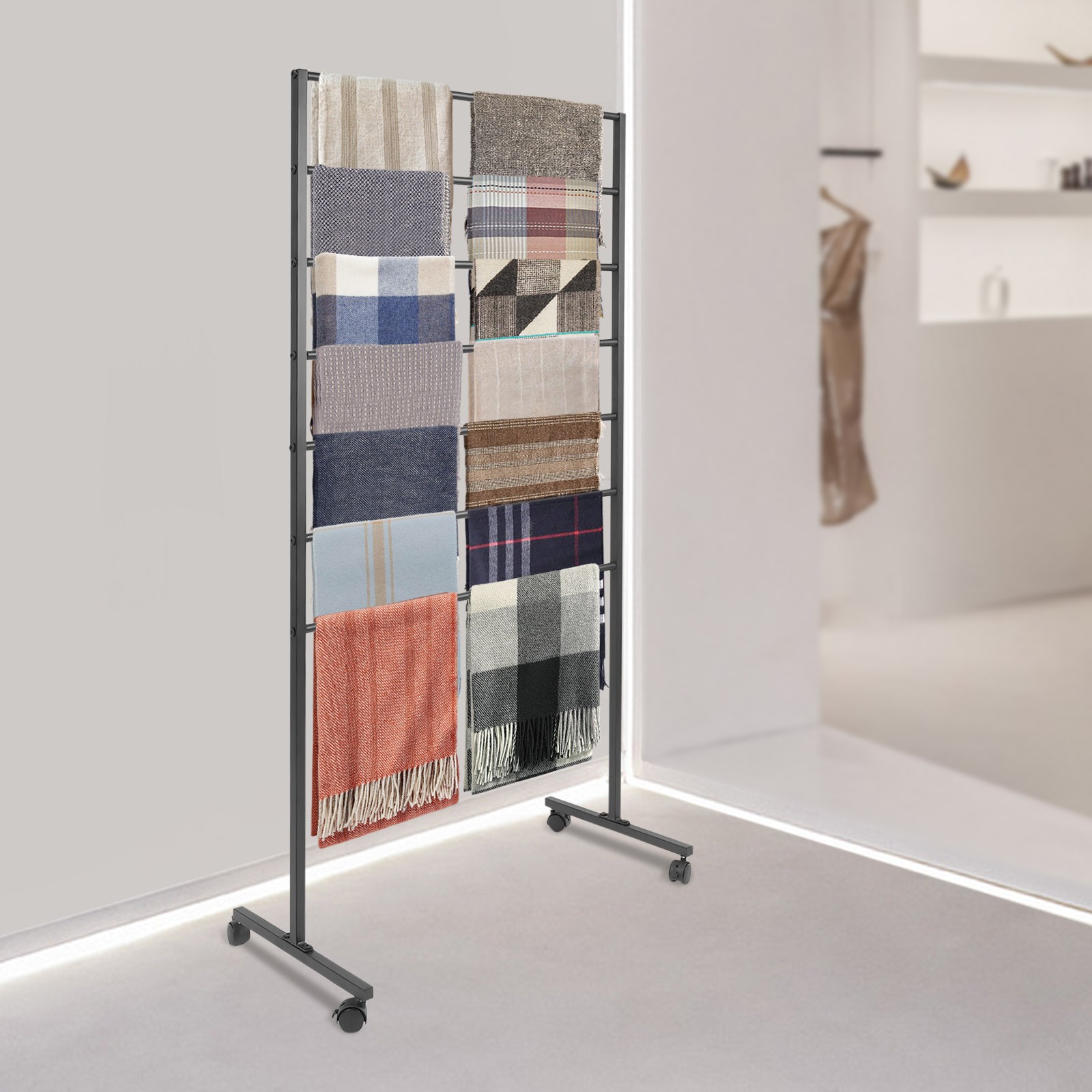 7-tier Metal Scarf Holder Rolling Freestand Scarf Display Stand Rack Organizer