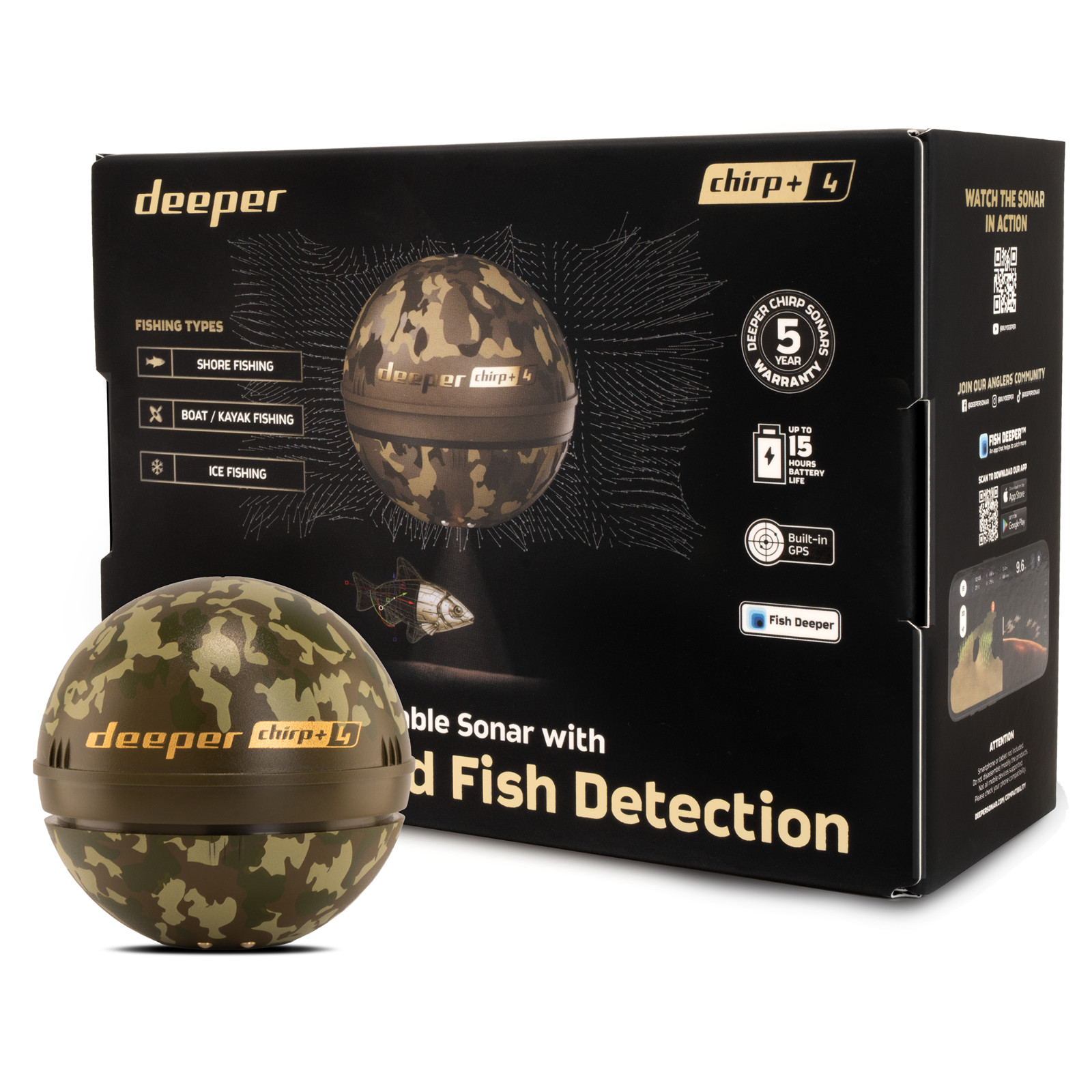 Deeper Chirp +4 Smart Sonar Fish Finder AI Mapping 1cm Target Depth Precision