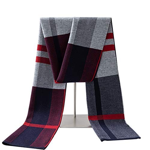 Lallier Men's Merino Wool Scarf, Long Winter Neckwear with Burgundy Grey Tartan