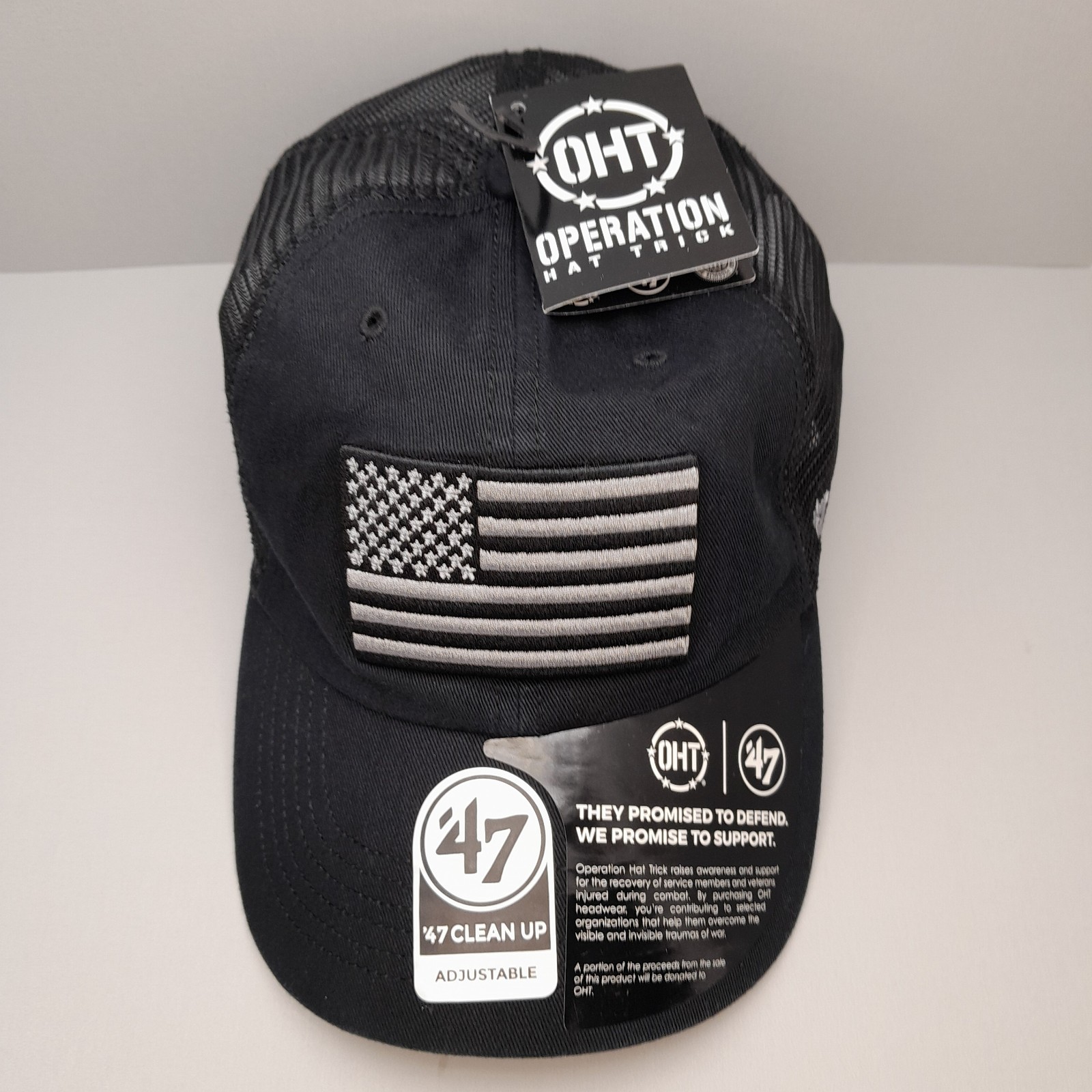 Operation Hat Trick OHT ‘47 Clean Up Hat USA Flag Black Mesh Adjustable Cap NWT