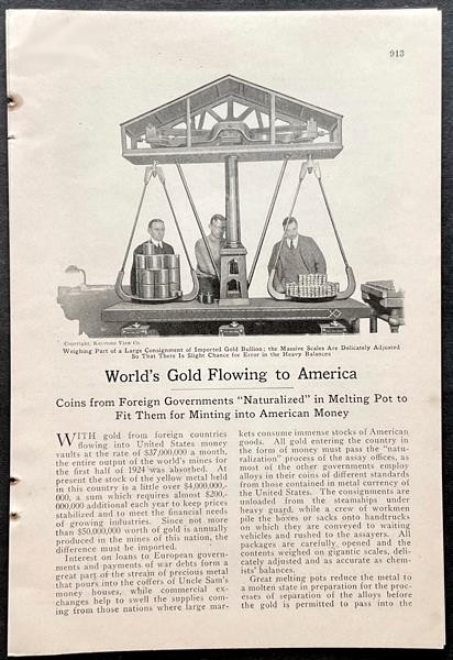 “World’s Gold Flowing to America” 1924 pictorial US Treasury Minting Coins