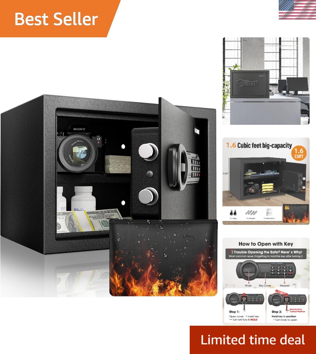 1.6 Cu.Ft Modern Fireproof Safe – Large Fireproof Safe with Keypad & Key, Fit...