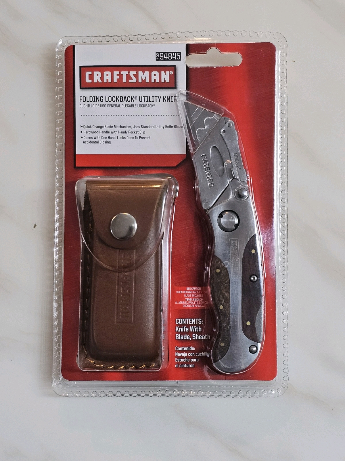 Craftsman 94845 Folding Lockback Utility Knife Wooden Handle Sheath
