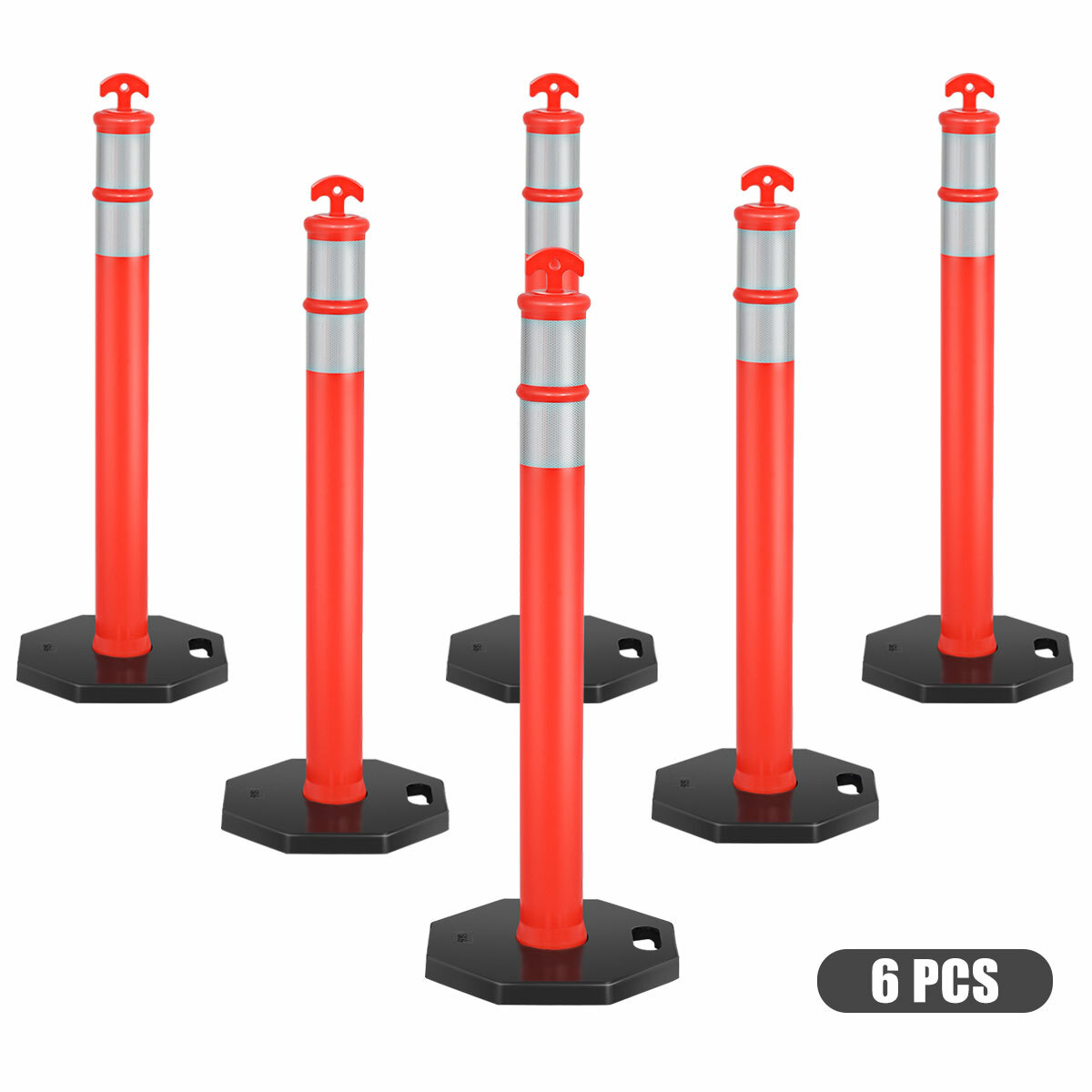 Ironmax 6 Pack 45" Traffic Delineator Post Cone w/ Rubber Base Reflective Bands