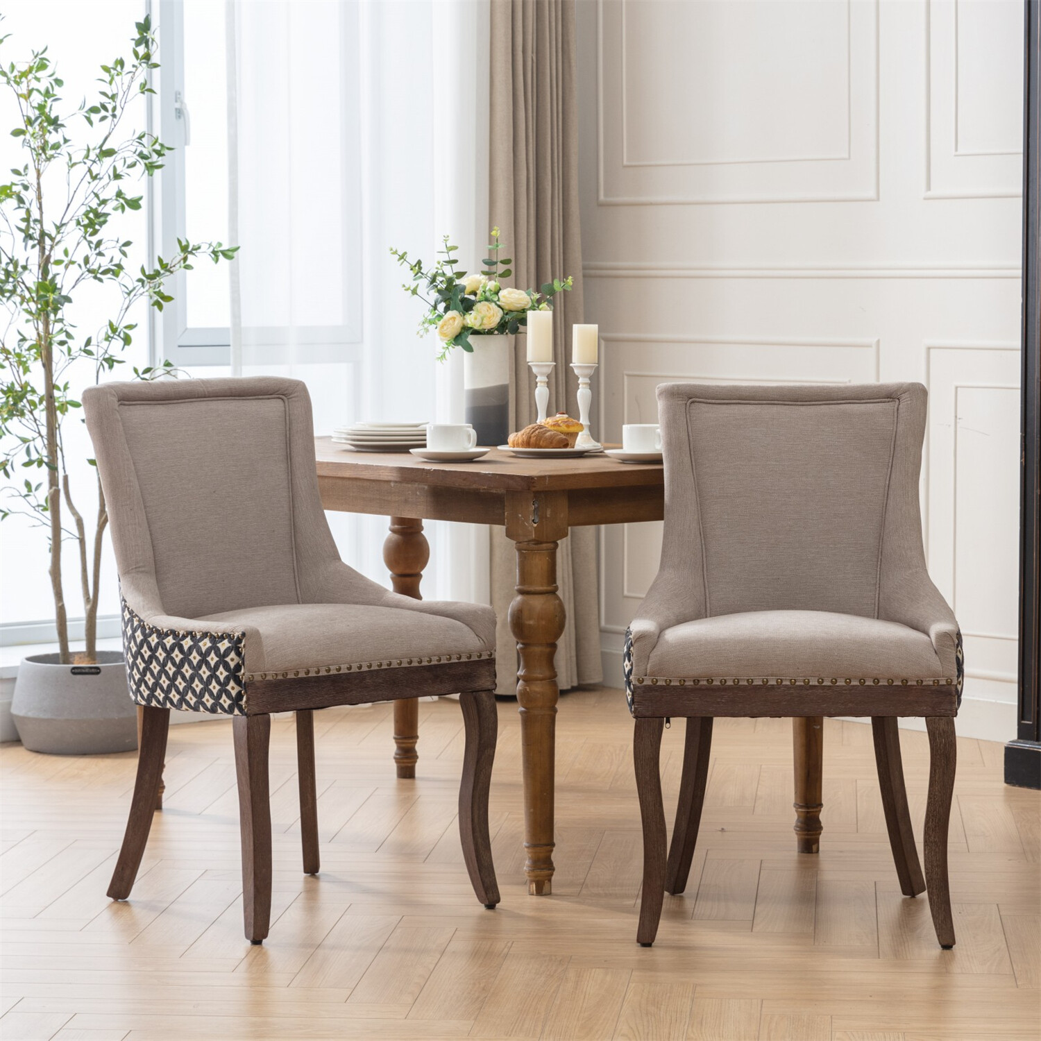 Set of 2 Dining Chair Upholstered Kitchen Dining Chair with Wood Leg Beige/Black