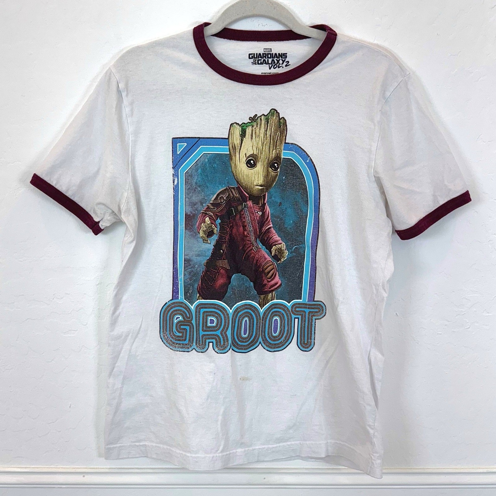 Marvel Guardians of the Galaxy Groot Graphic T Shirt White Burgundy Ringer | M