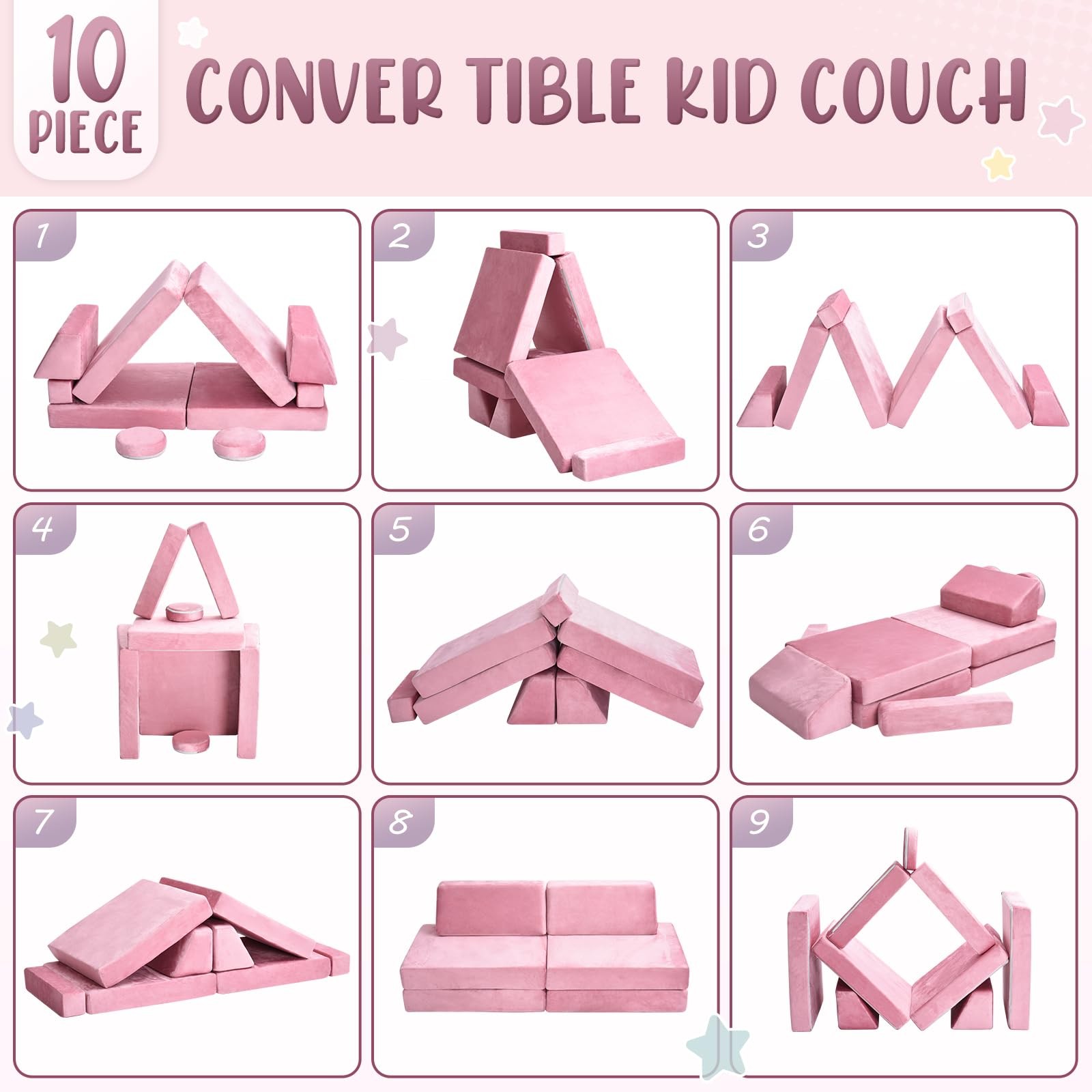 10Pcs Play Couch,Sofa,Modular Couch for Playing, Creativing, Sleeping (Pink)