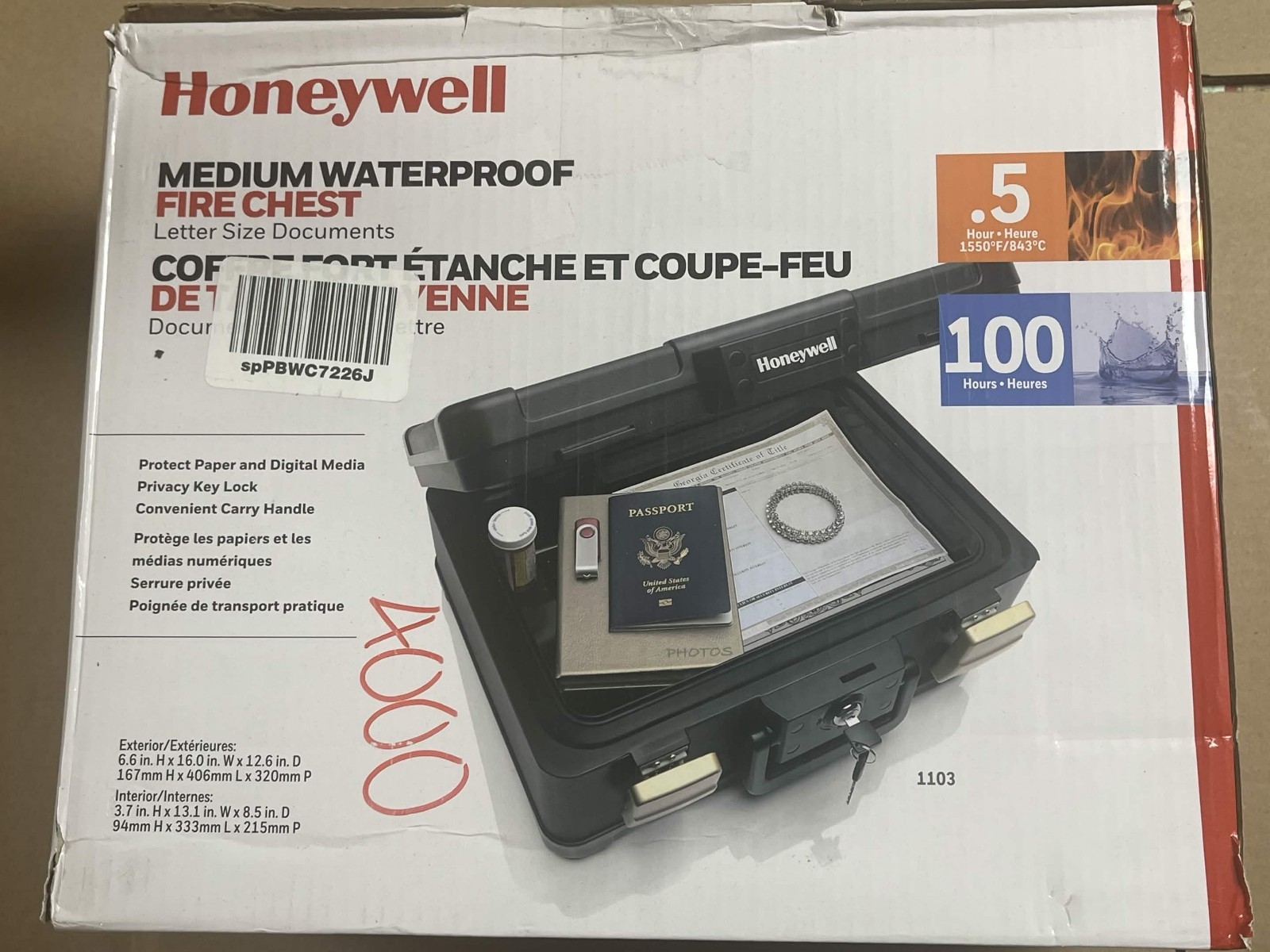 New Honeywell 1103 Fire Water Chest Safe .24 cu ft Document Lock Box Keys