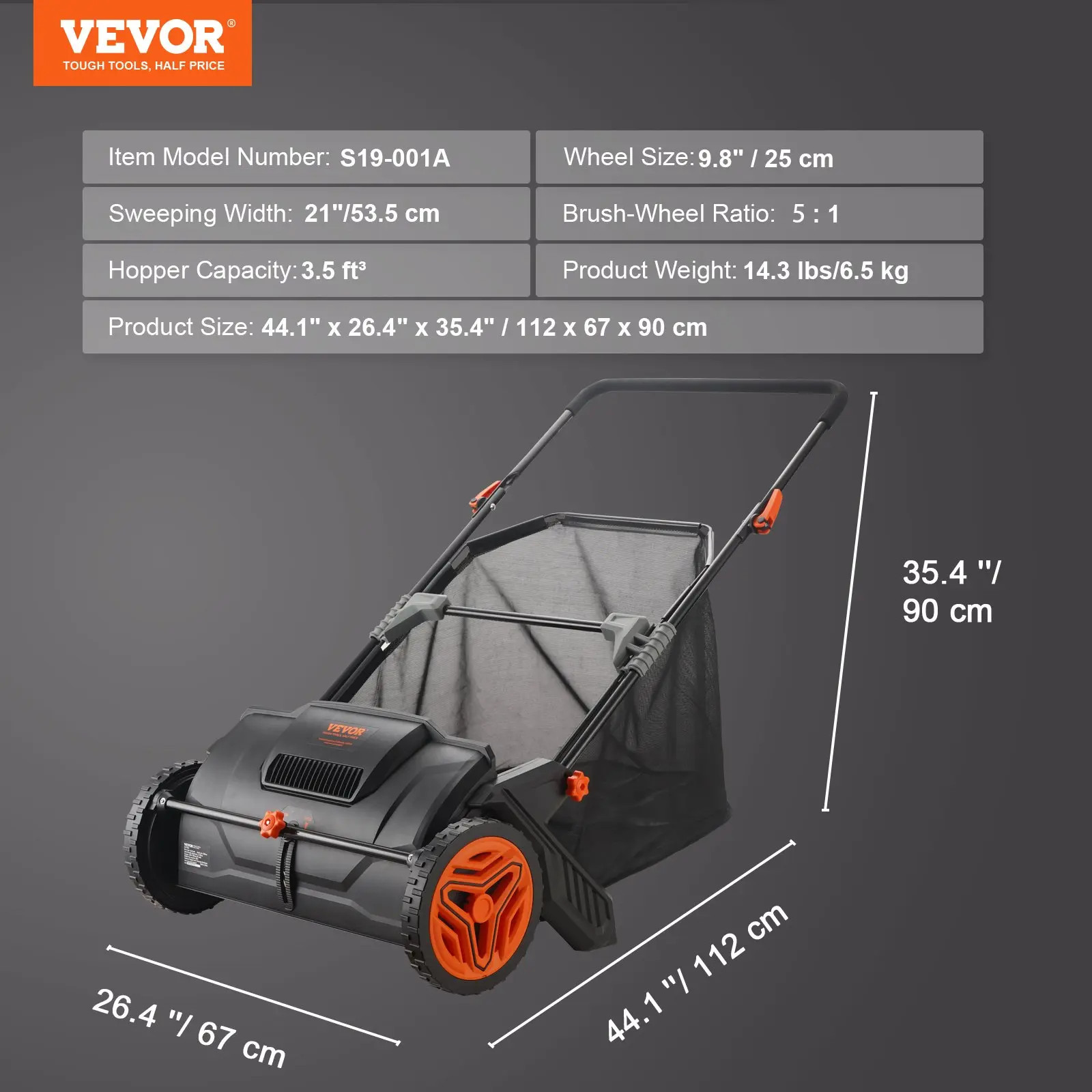 【Summerfinds】Vevor 21-Inch Push Lawn Sweeper Leaf & Grass Collector, 3.5 Cu. Ft.