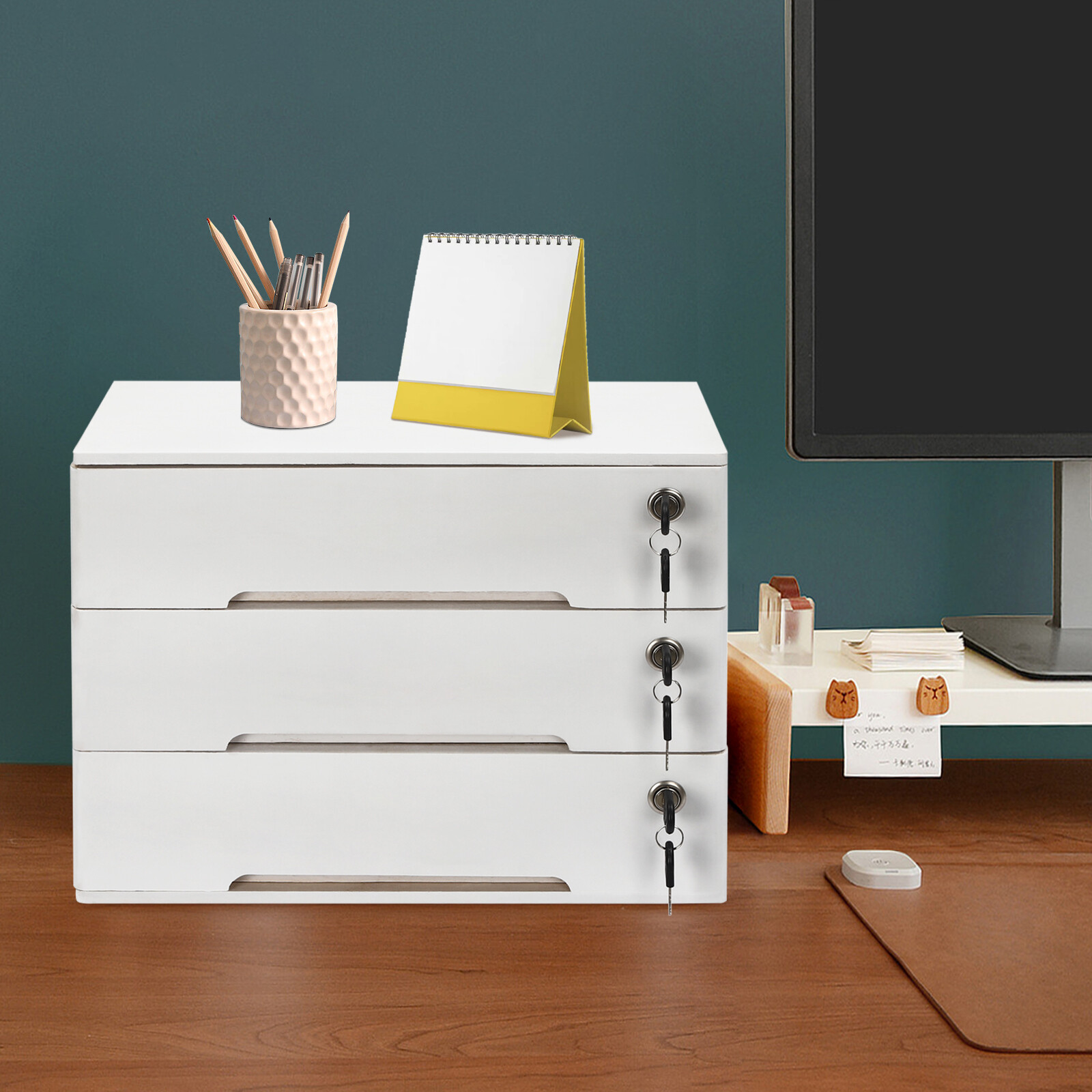 3-Tier Wooden Desk Organizer Lockable Storage Cabinet Storage Boxes W/ Drawers