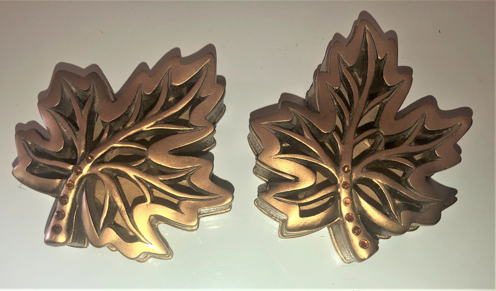 2 Lidded MAPLE LEAF Shaped Trinket Boxes Gold Colored Plastic w/ Inlaid Stones