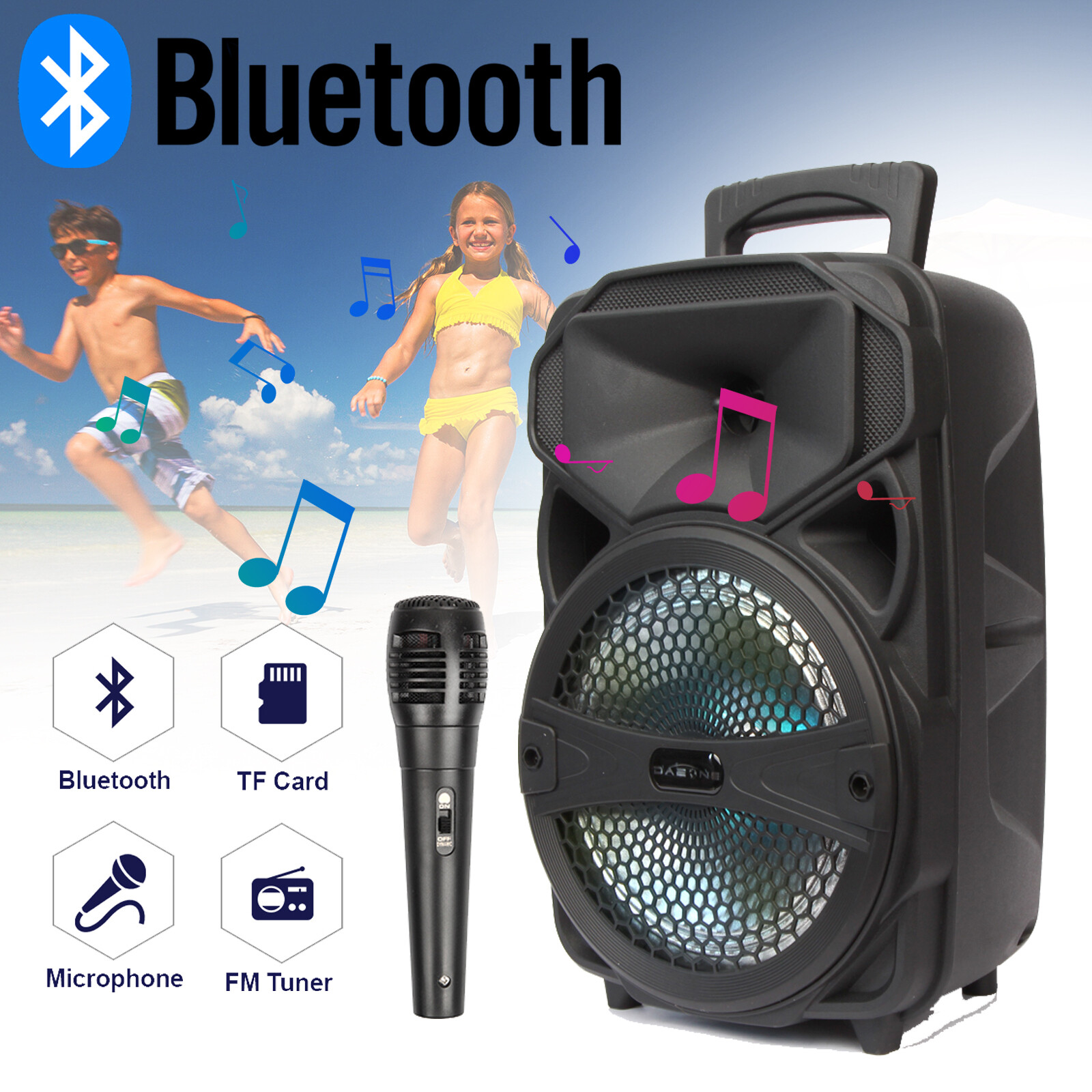 8" Bluetooth Led FM Speaker 1000W Subwoofer Stereo Loud Tailgate Party Portable