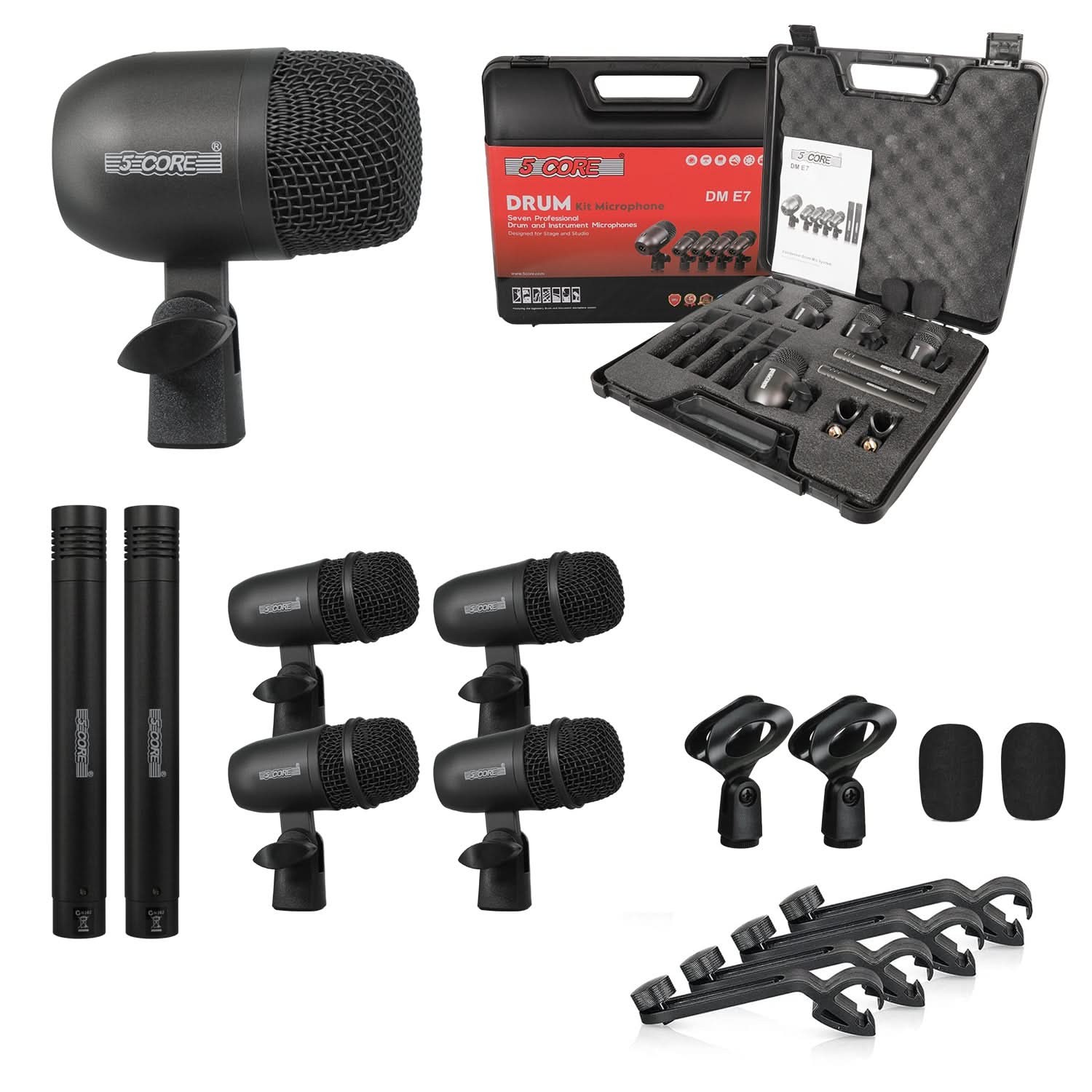 5 Core Drum Microphone Kit 7Pc All Metal Drummer Mics Tom/Snare & Cymbals Wired