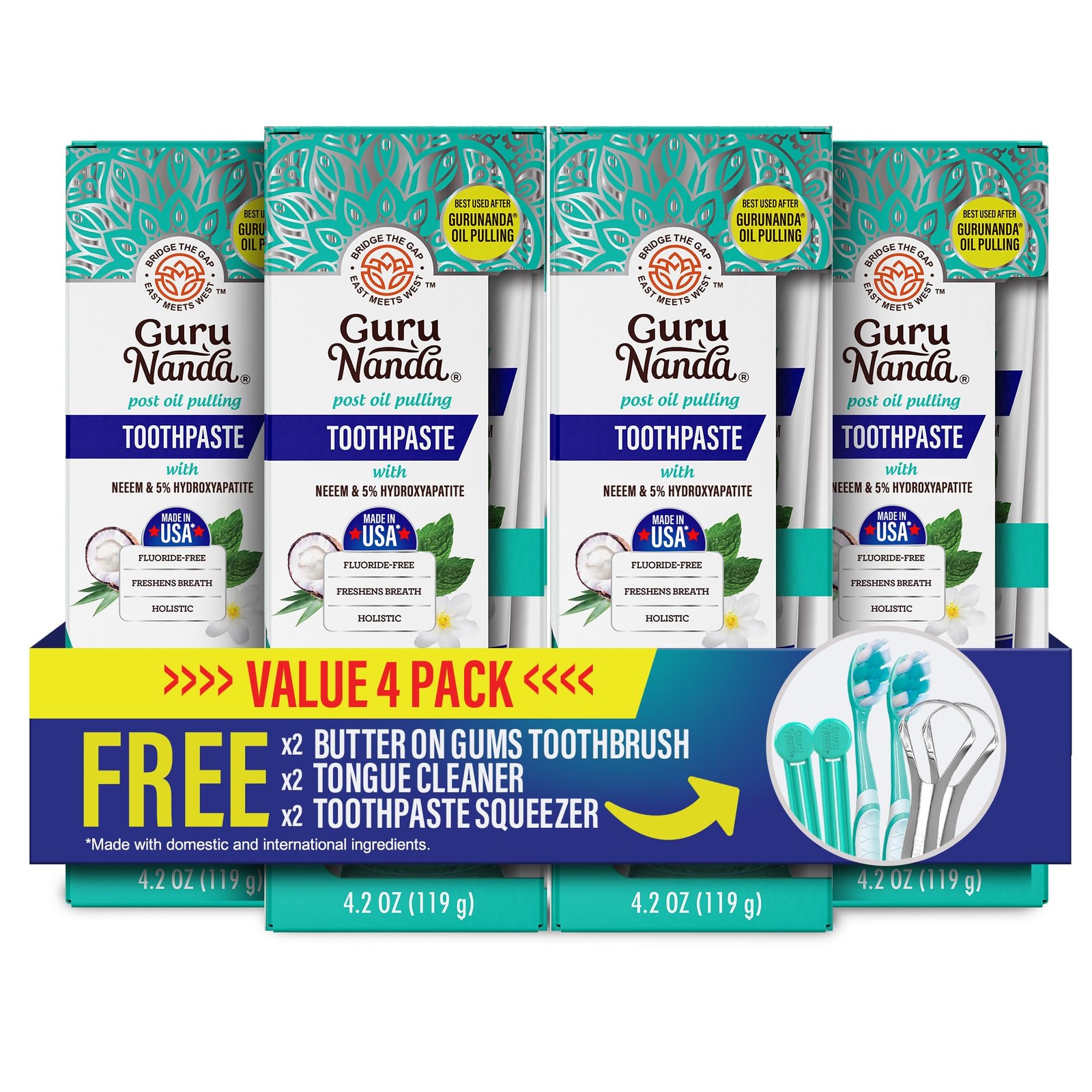GuruNanda Hydroxyapatite Toothpaste for Whitening with 4.2 Ounce (Pack of 4)