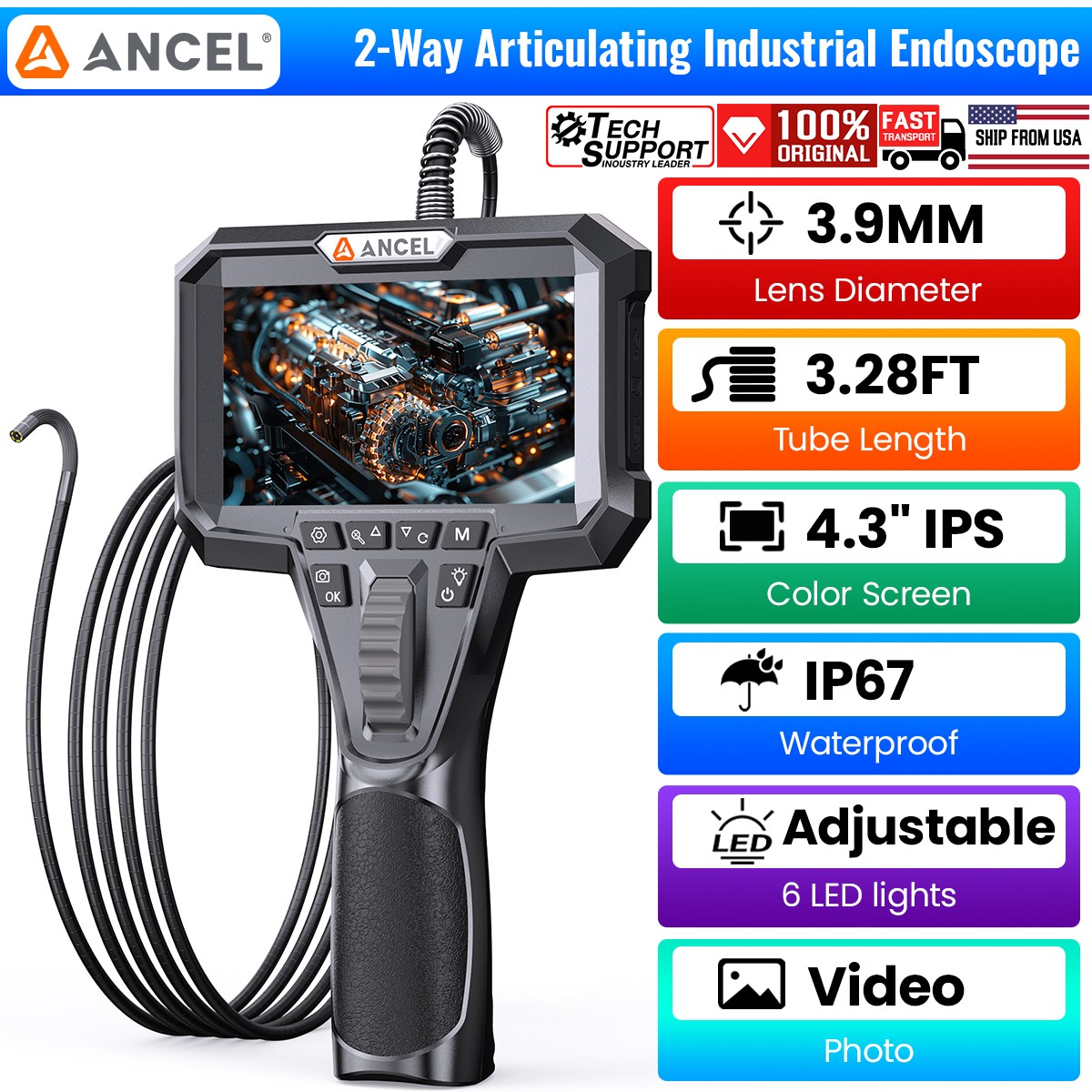 ANCEL Industrial Endoscope Camera 2-Way Articulating Borescope 4.3 Inch 1080P