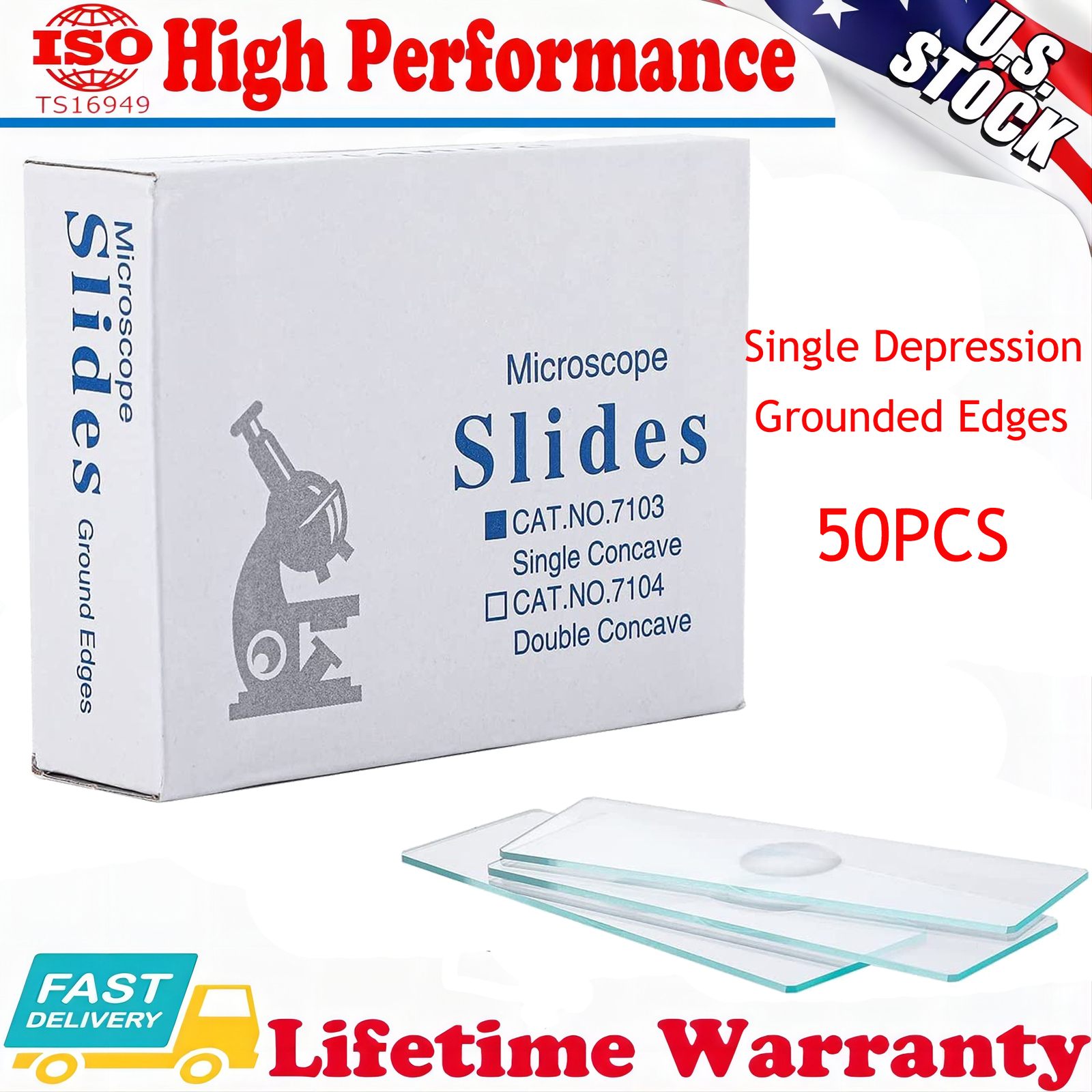 50x Glass Microscope Slides 25.4X76.2X1.2mm w/Single Depression Grounded Edges