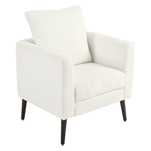 White Teddy Fabric Upholstered Club Chair Solid Wood Legs Lumbar Pillow Single