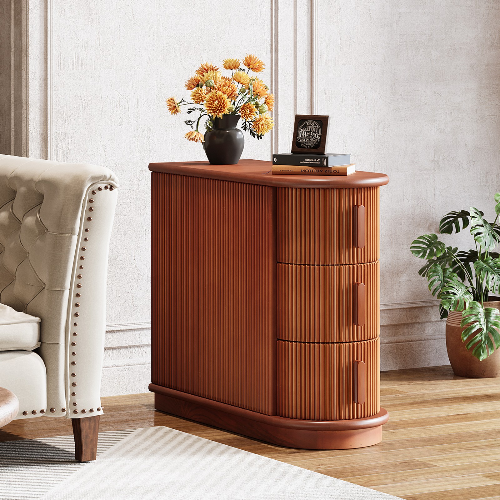 3-Drawer Wooden End Table, Modern Slim Sofa Side Table, No Assembly Required