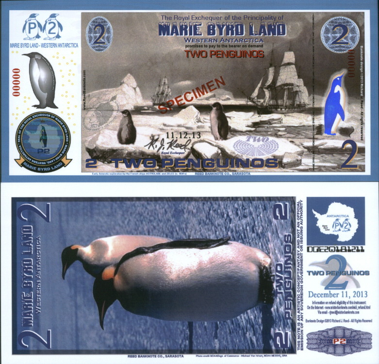 POLYMER 11.12.13 MARIE BYRD LAND 2 PENGUINO SPECIMEN FANTASY ART BANKNOTE!
