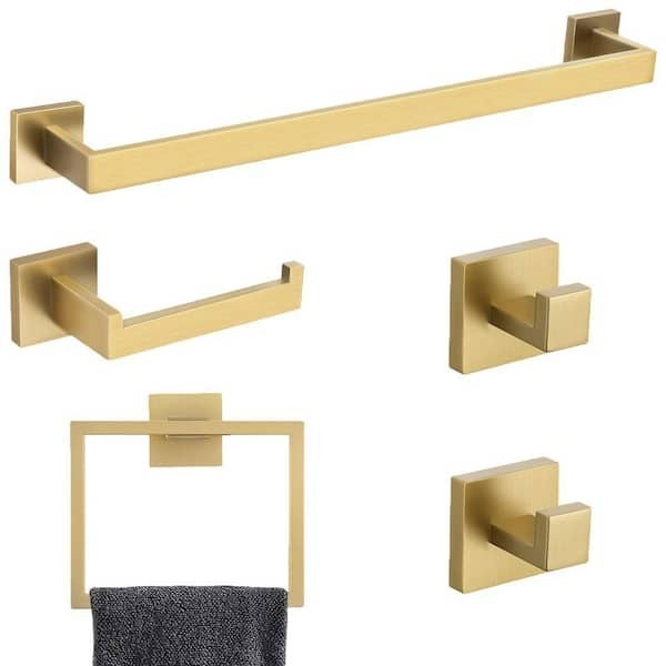 Brushed Gold 5 Piece Bathroom Hardware Set Towel Bar TP Holder Hooks - No Screws