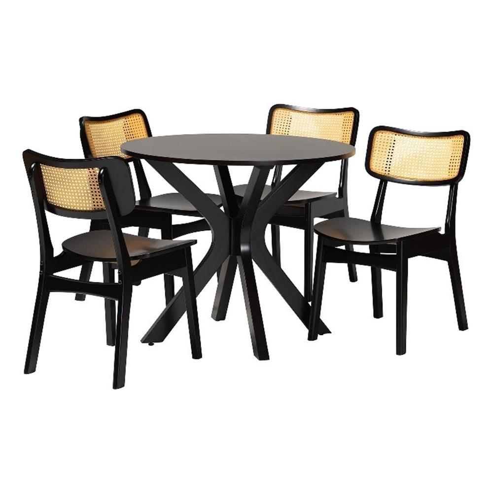Baxton Studio Linnet 5-Piece Wood & Rattan Dining Set in Brown