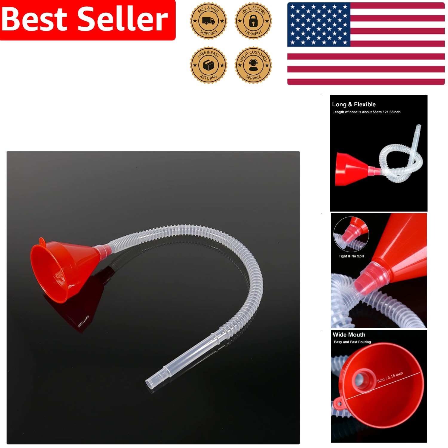 Transparent Funnel Flexible Hose Gas Oil Water Fluid Transfer Automotive Pouring