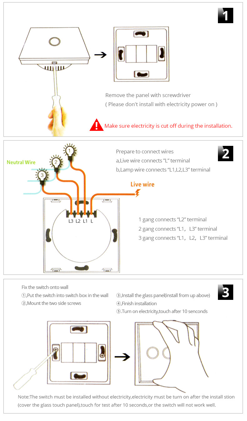 220V EU Glass Panel Wall Socket Touch Switch Wall LED Light Switch 1/2/3 Gang