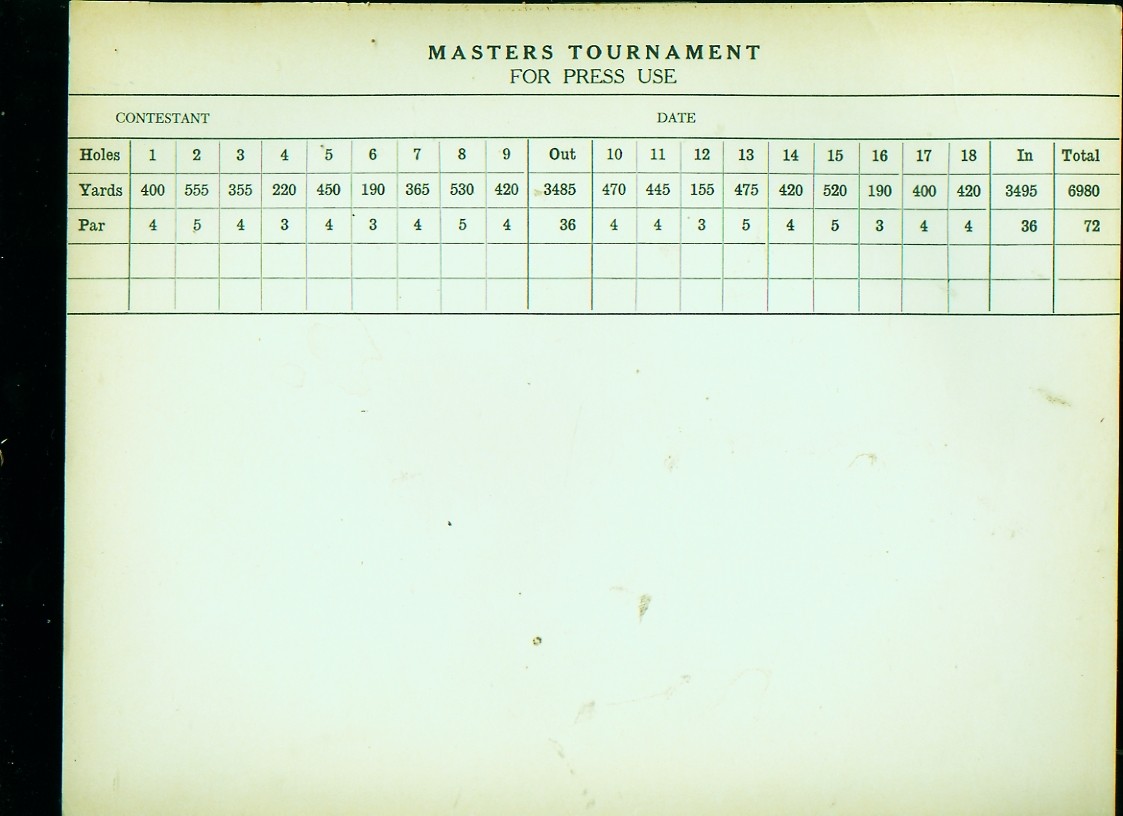 4 diff. 1950's-70's Masters Tournament golf Press scoresheets
