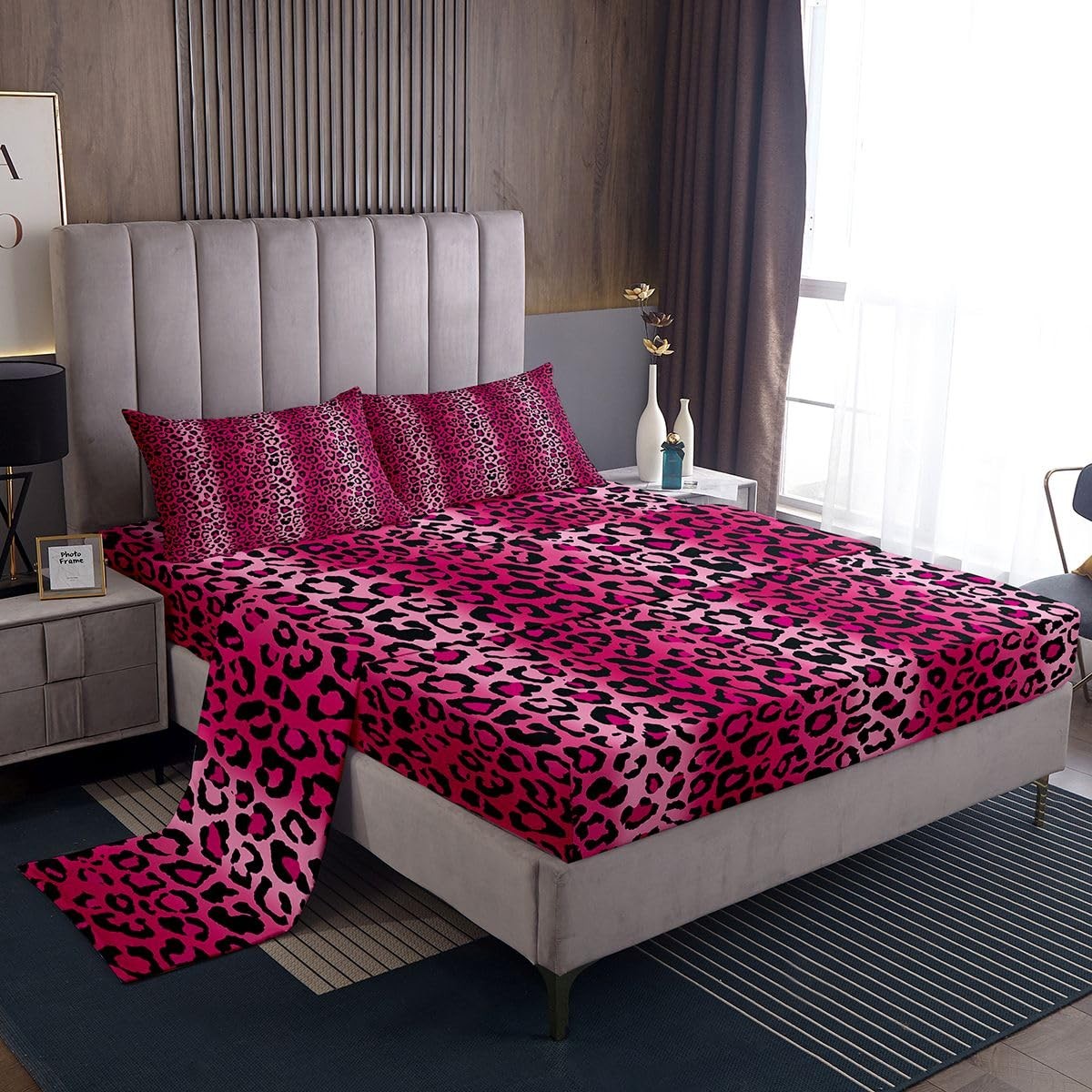 Leopard Print Fitted Sheet Women Cheetah Print Bed Sheet Set For Girls Pink R...