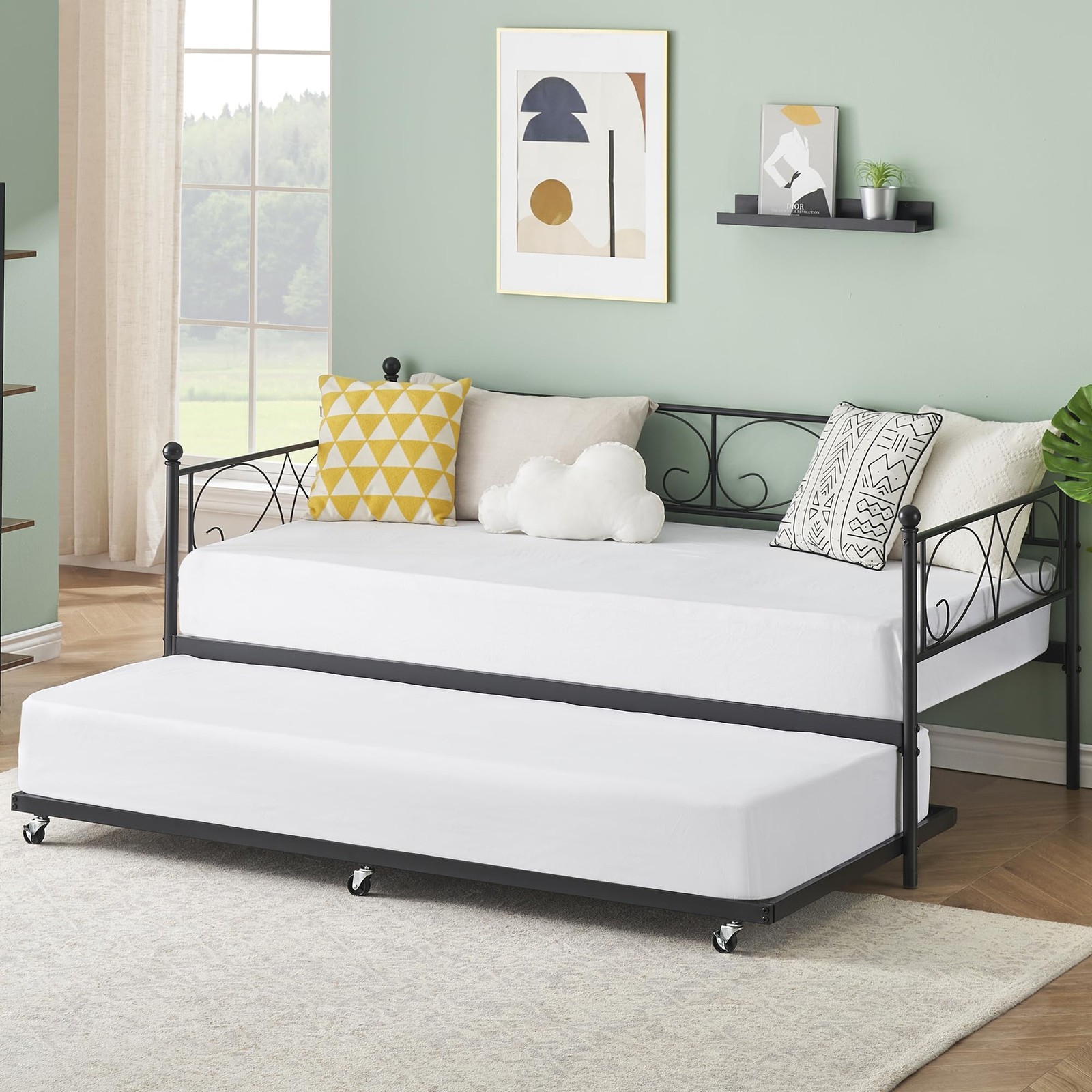 Twin Size Daybed Frame w/ Trundle, Modern Steel Slat Support Sofa Bed Frame Home