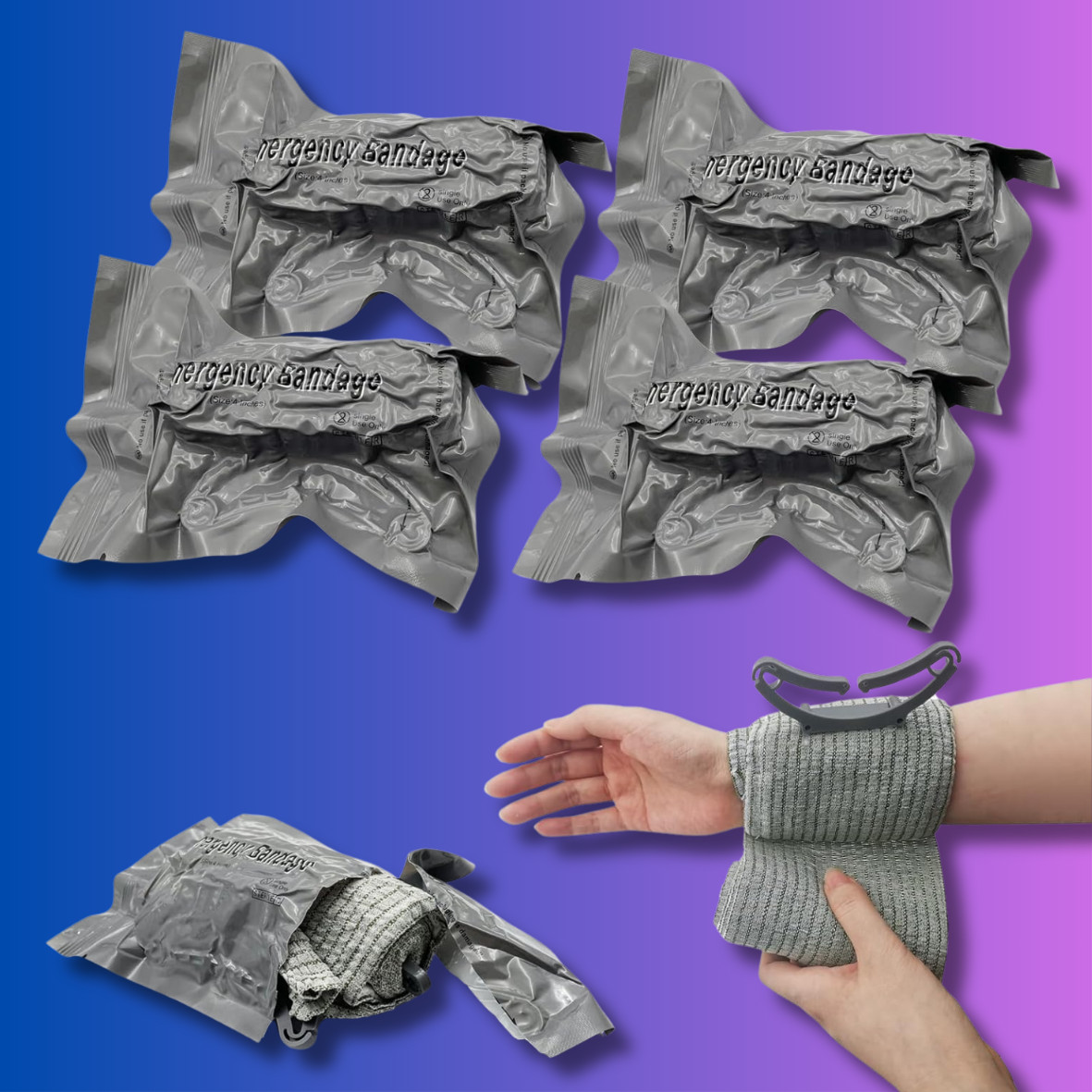 4- Pack Emergency Israeli Style Trauma Compression Wound Bandage 4” First Aid