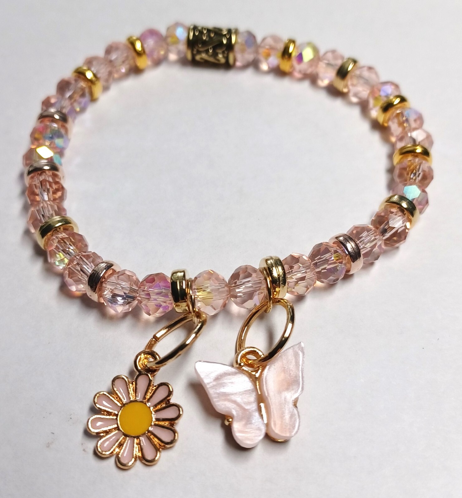 Butterfly Charm Pink Multi-Faceted Beaded Bracelet