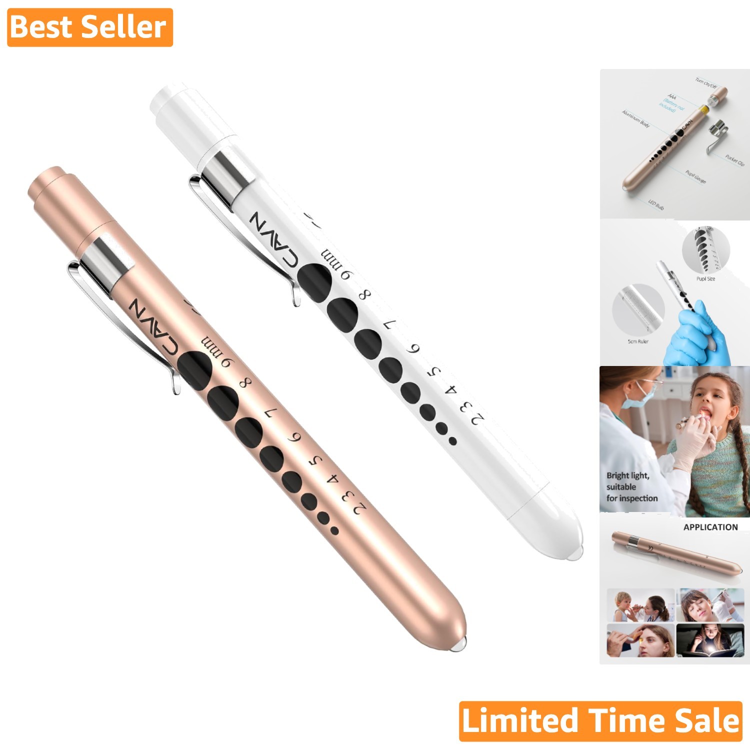 2-Pack Lightweight Reusable Medical Penlight with Pupil Gauge - Nurse Essential