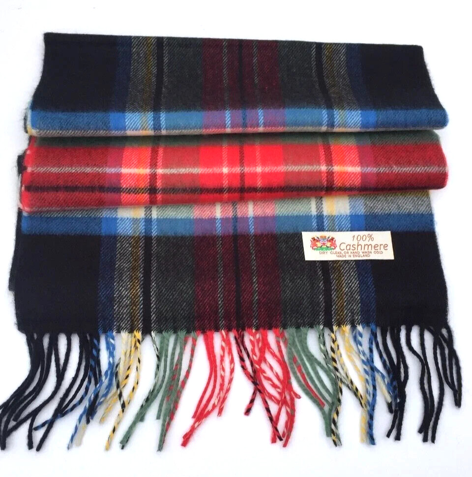 100%CASHMERE SCARF Made in England Soft Wool Plaid Black/Red/Green/blue #K06
