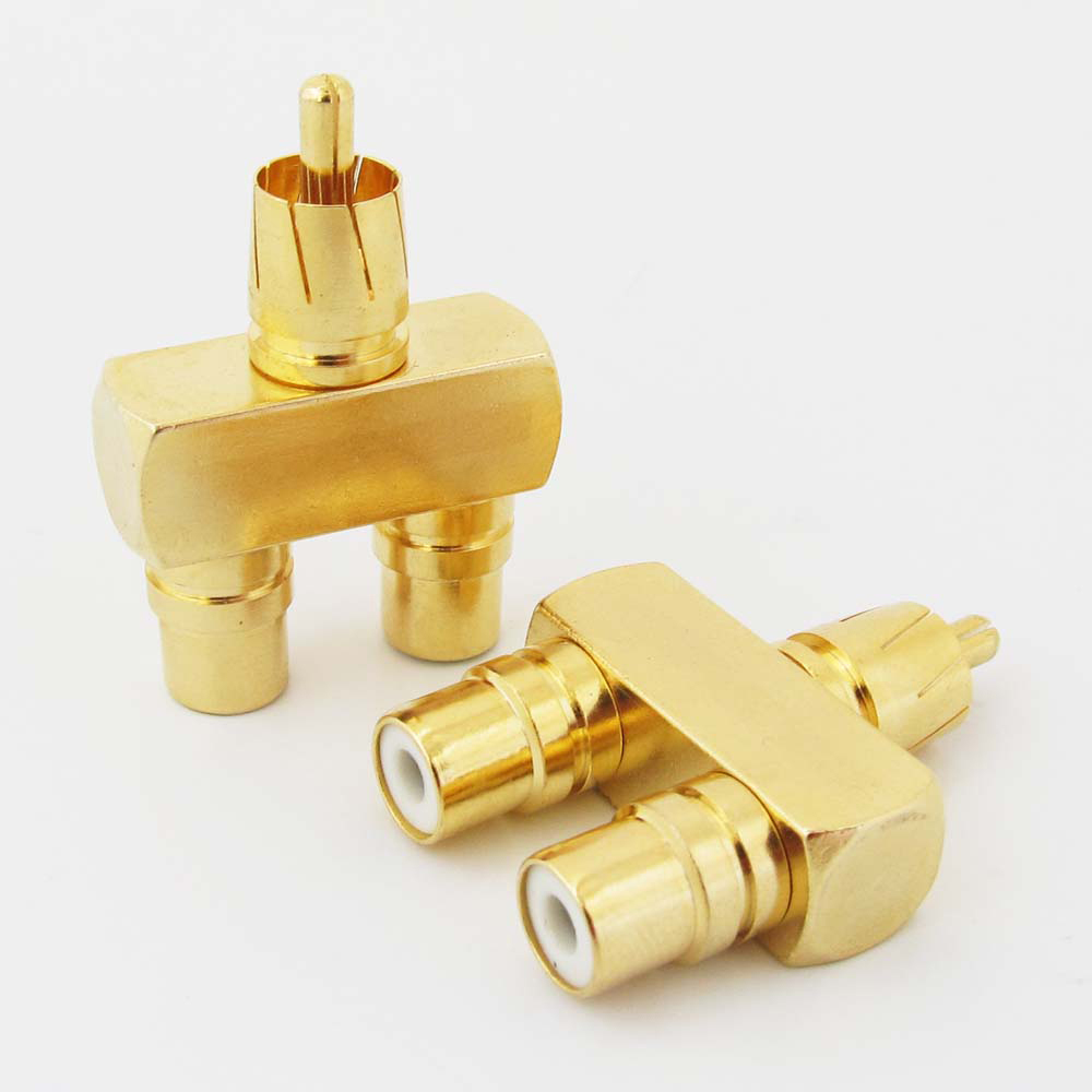 2pcs Gold Plated 1RCA Male to 2RCA Female Connector RCA Audio Y Splitter Adapter