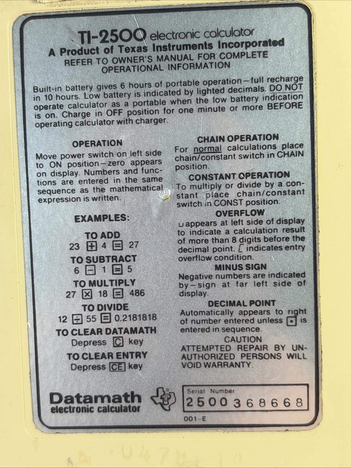 T.I. TEXAS INSTRUMENTS DATAMATH 1970s Vintage ELECTRONIC CALCULATOR