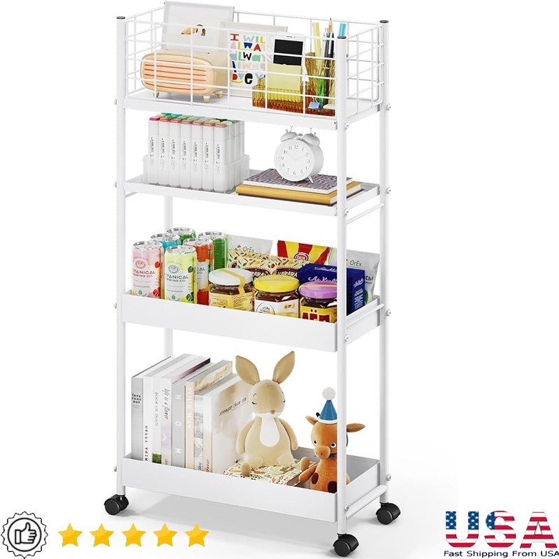 4-Tier Metal Rolling Storage Cart Utility Trolley W/ Mesh Guardrails Home Office