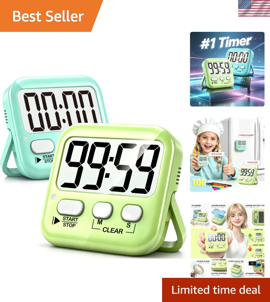 Cute Macaron Digital Timer Set - 2 Magnetic Kitchen & Classroom Countdown Timers